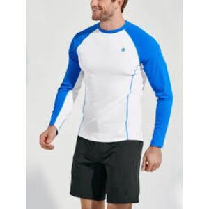 Coolibar Blue White Long Sleeve UPF 50+ Hightide L/S Swim Shirt Men's Medium NWT